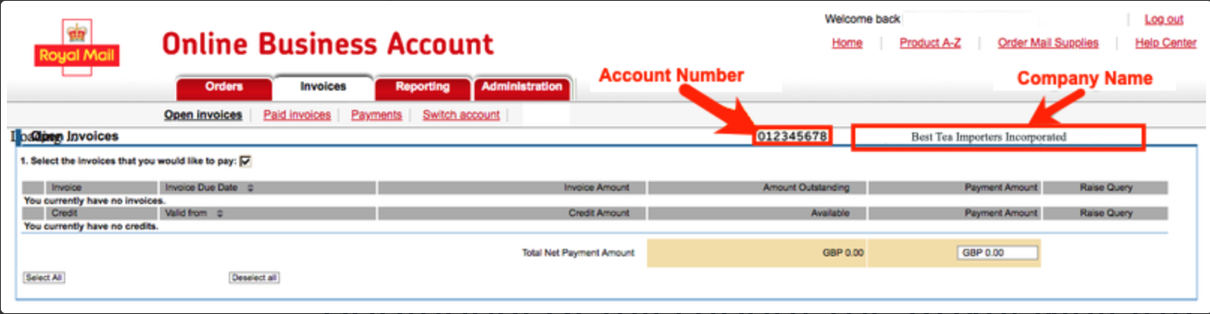 Royal Mail ­Online Business Account Company. Company Name and Account Number highlighted.
